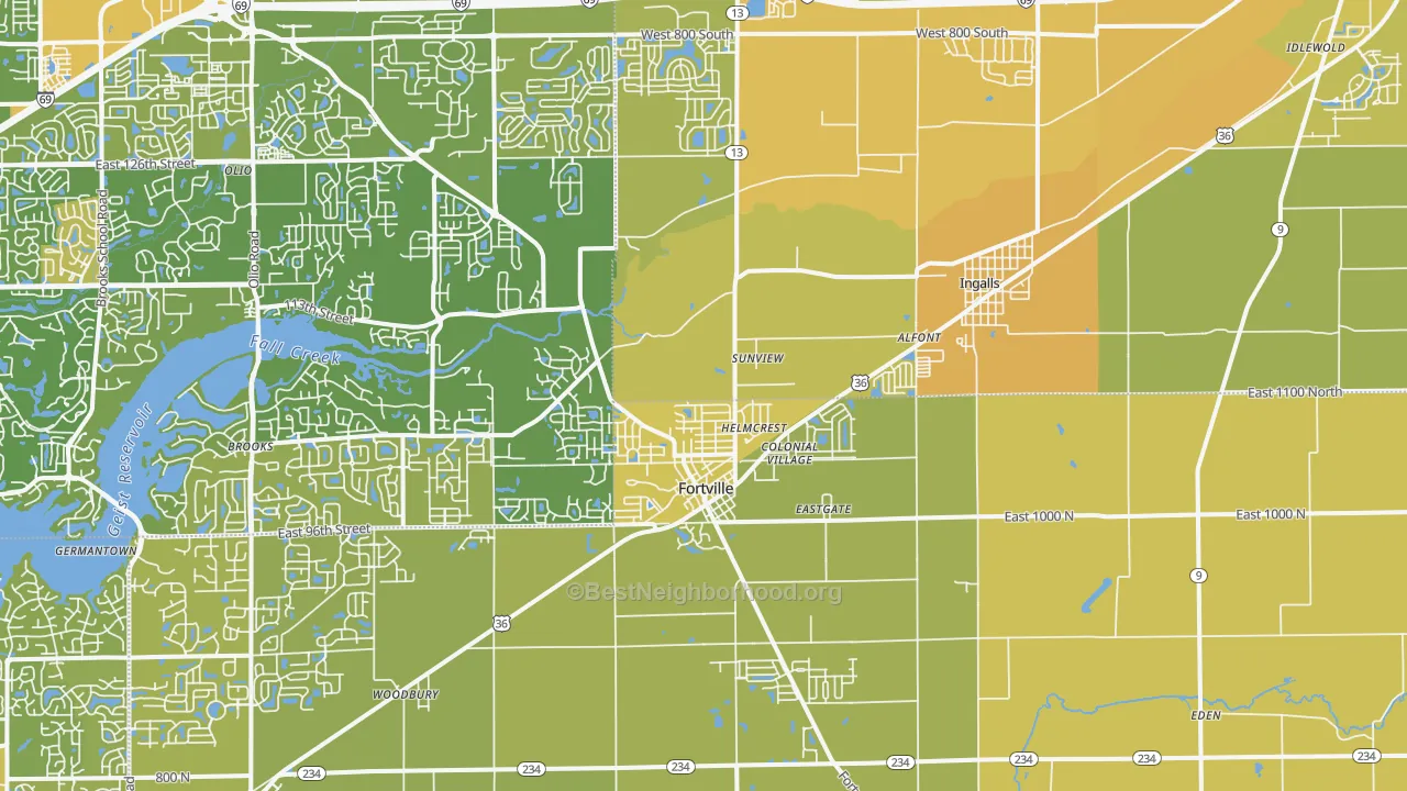 Map of the best neighborhoods in the Fortville area, with better matches in green and worse matches in red