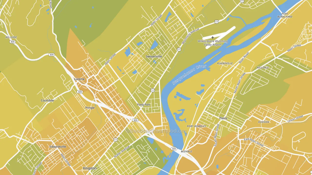 Map of the best neighborhoods in the Forty Fort area, with better matches in green and worse matches in red
