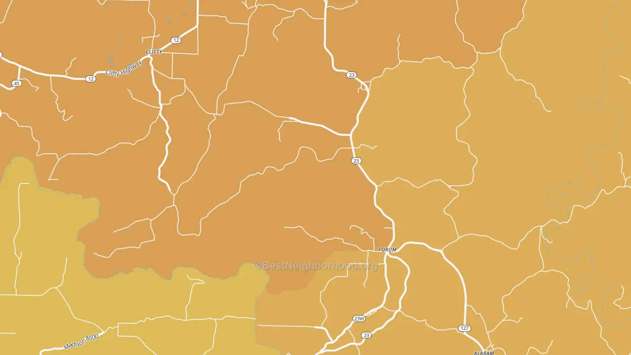 Map of the best neighborhoods in the Forum area, with better matches in green and worse matches in red