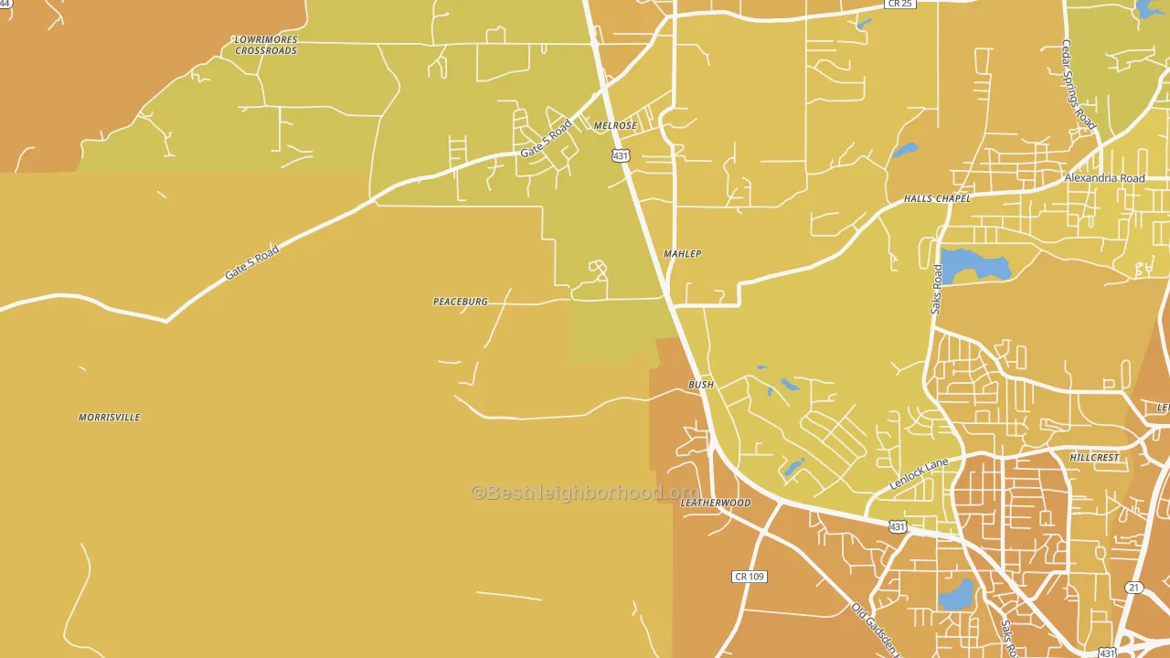 Map of the best neighborhoods in the Fosheeton area, with better matches in green and worse matches in red
