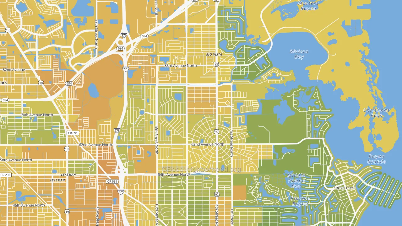 Map of the best neighborhoods in the Fossil Park, St. Petersburg area, with better matches in green and worse matches in red