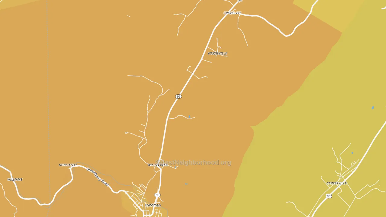 Map of the best neighborhoods in the Fossilville area, with better matches in green and worse matches in red