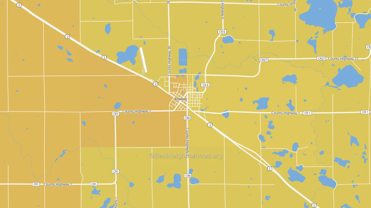 Map of the best neighborhoods in the Fosston area, with better matches in green and worse matches in red