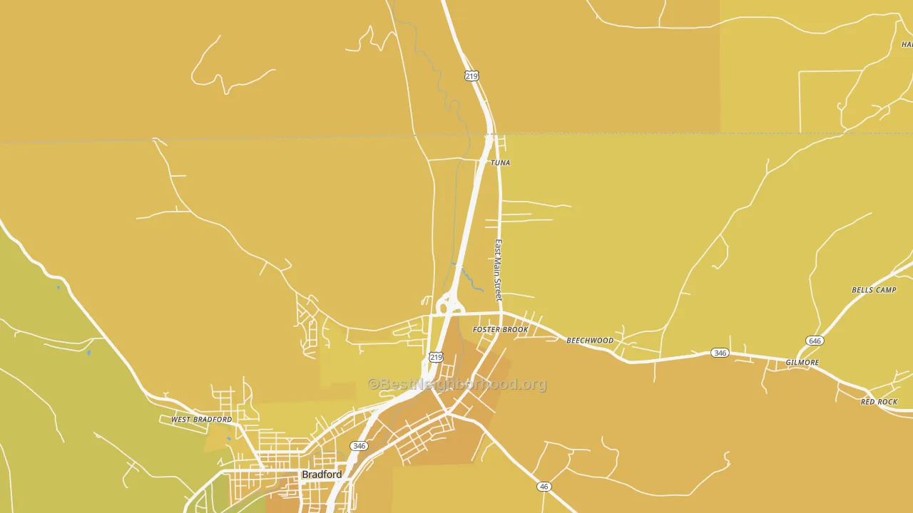 Map of the best neighborhoods in the Foster Brook area, with better matches in green and worse matches in red