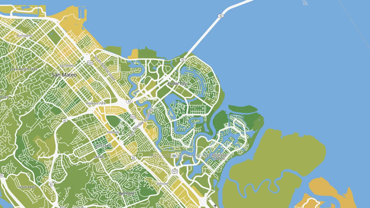 Map of the best neighborhoods in the Foster City area, with better matches in green and worse matches in red