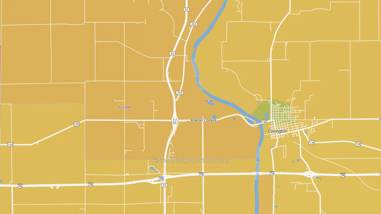 Map of the best neighborhoods in the Foster area, with better matches in green and worse matches in red