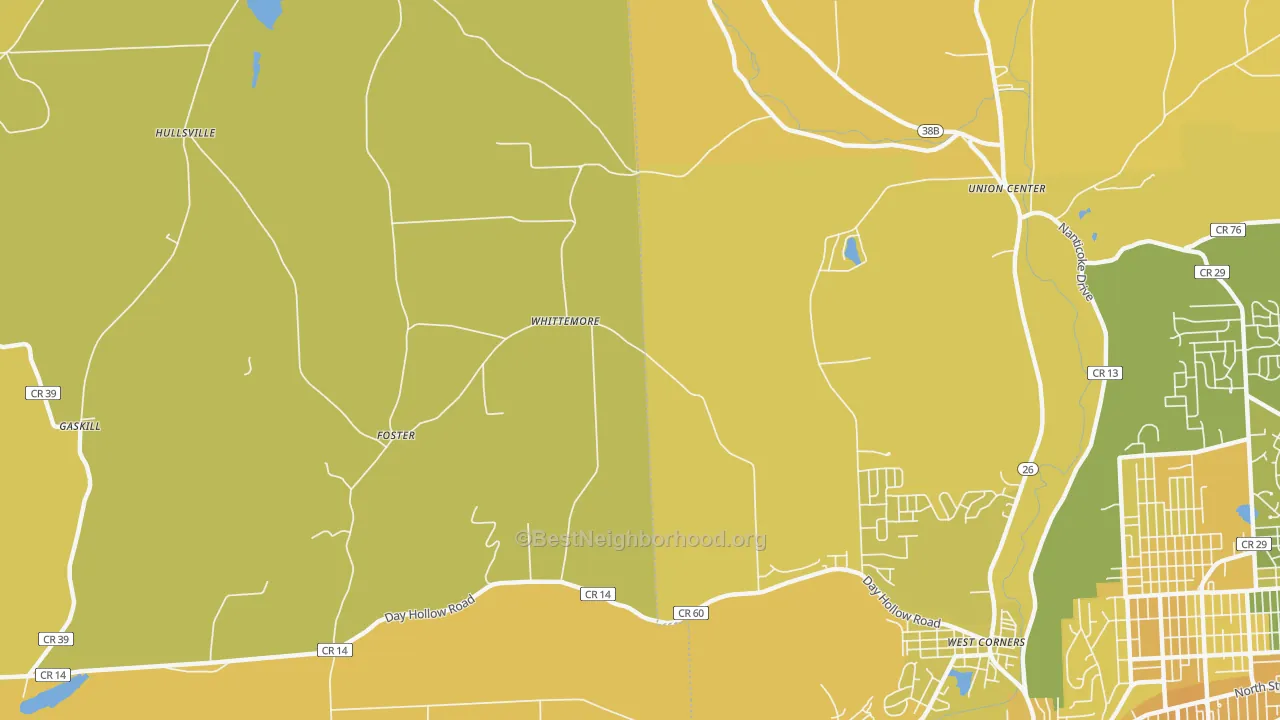 Map of the best neighborhoods in the Foster area, with better matches in green and worse matches in red