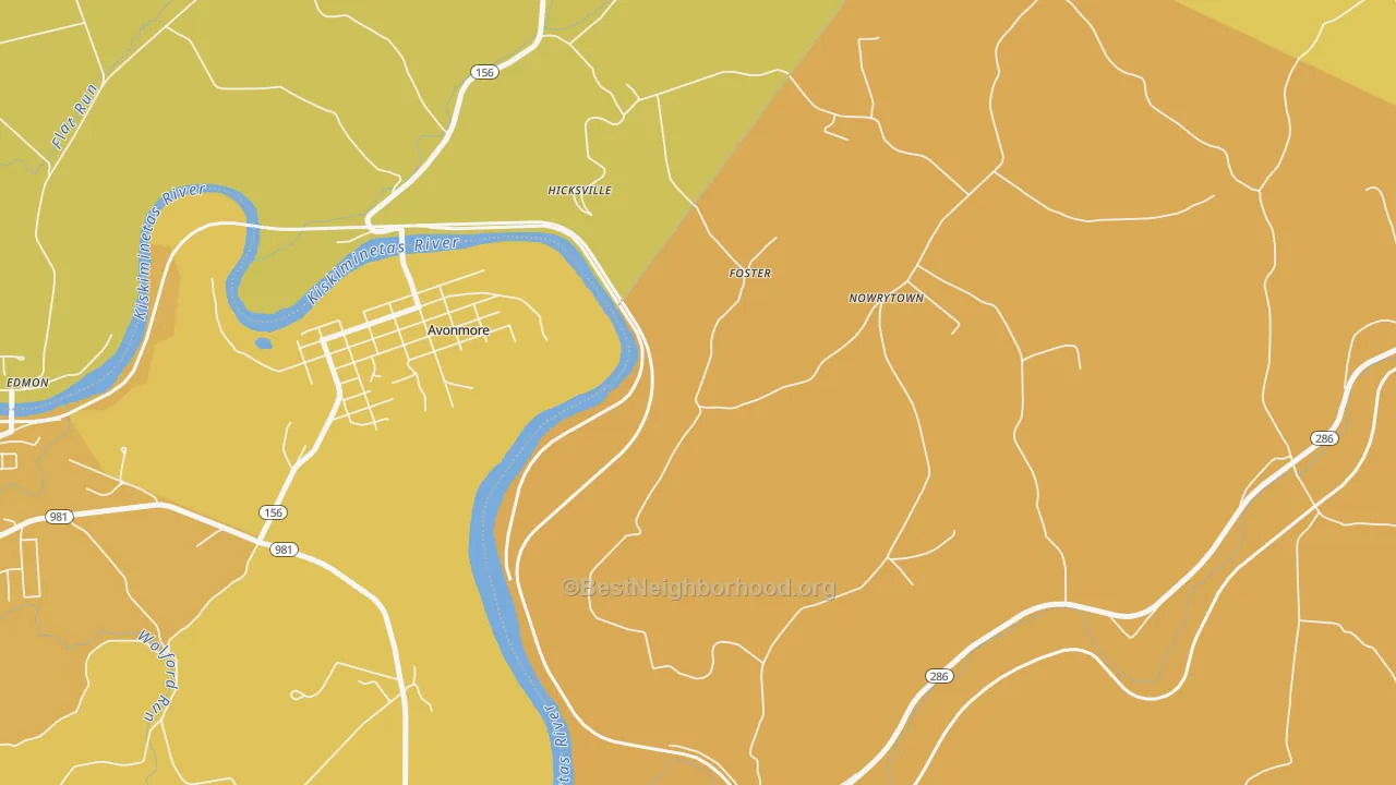 Map of the best neighborhoods in the Foster area, with better matches in green and worse matches in red
