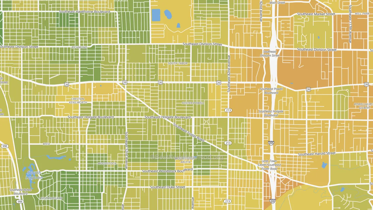 Map of the best neighborhoods in the Foster-Powell, Portland area, with better matches in green and worse matches in red