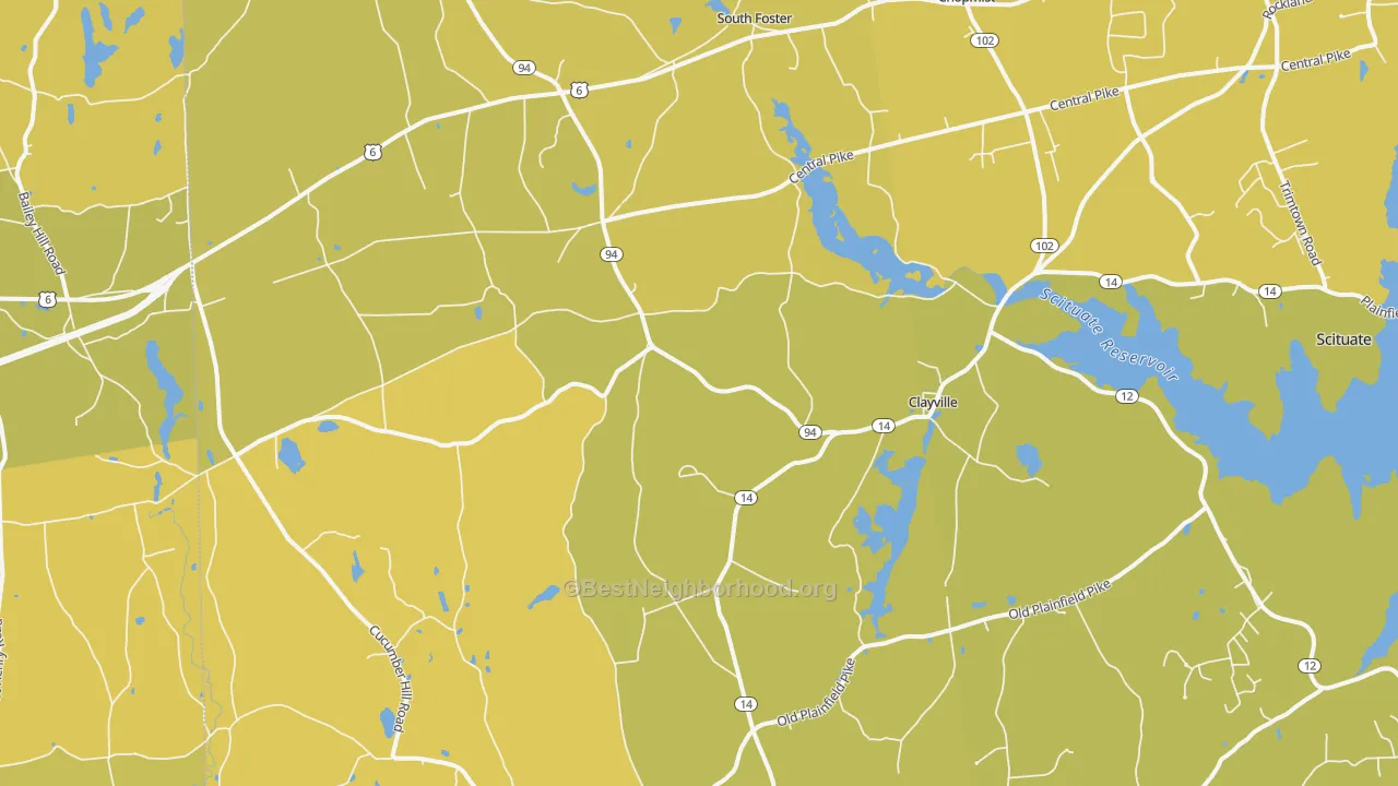 Map of the best neighborhoods in the Foster area, with better matches in green and worse matches in red