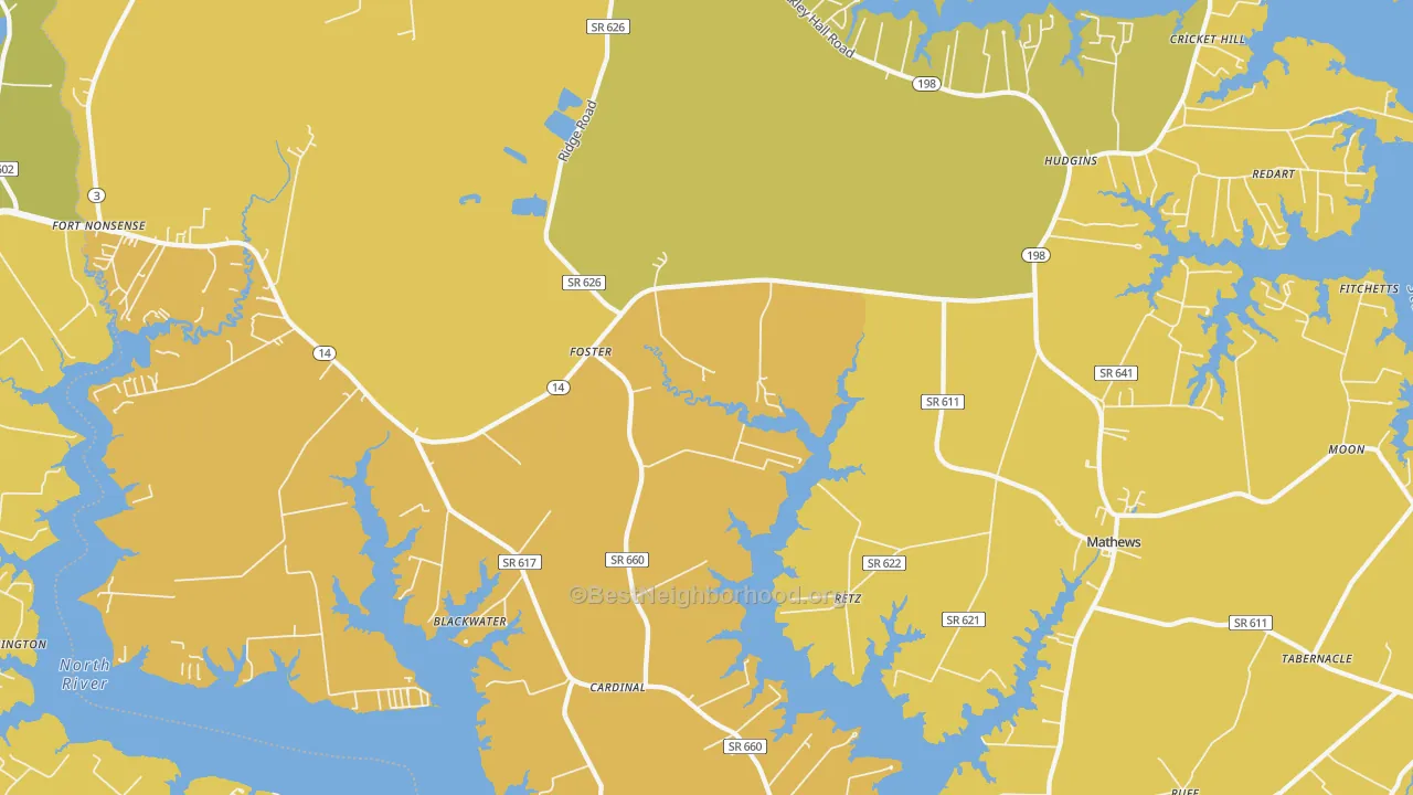 Map of the best neighborhoods in the Foster area, with better matches in green and worse matches in red