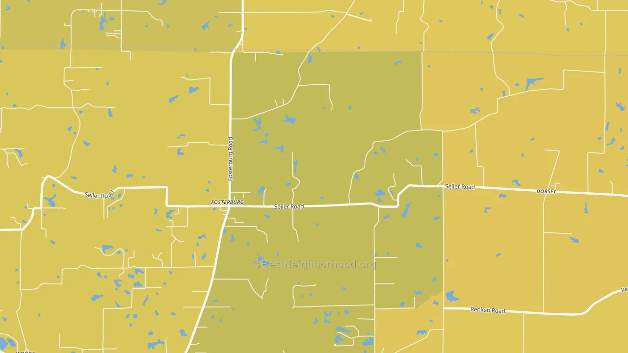 Map of the best neighborhoods in the Fosterburg area, with better matches in green and worse matches in red