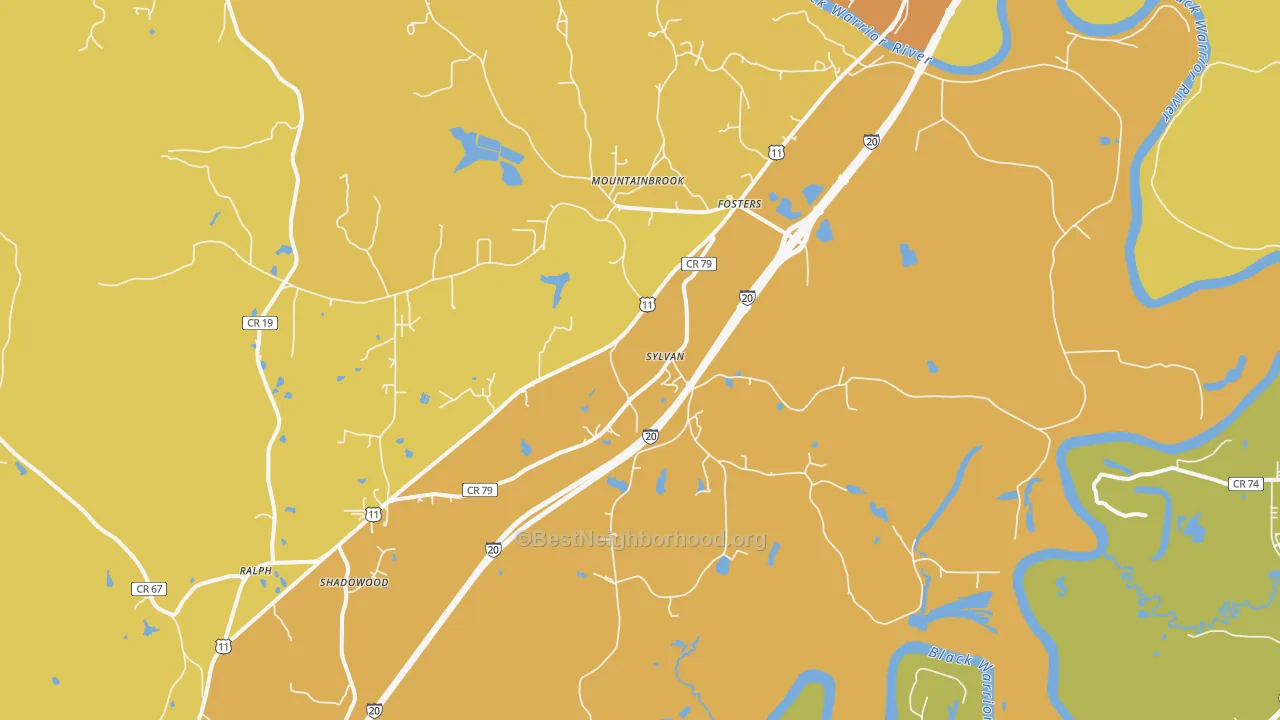 Map of the best neighborhoods in the Fosters area, with better matches in green and worse matches in red