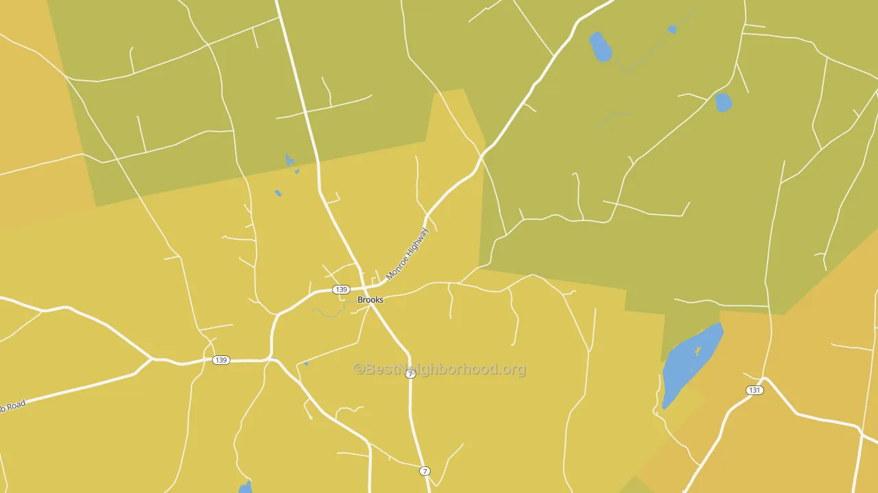 Map of the best neighborhoods in the Fosters Corner area, with better matches in green and worse matches in red