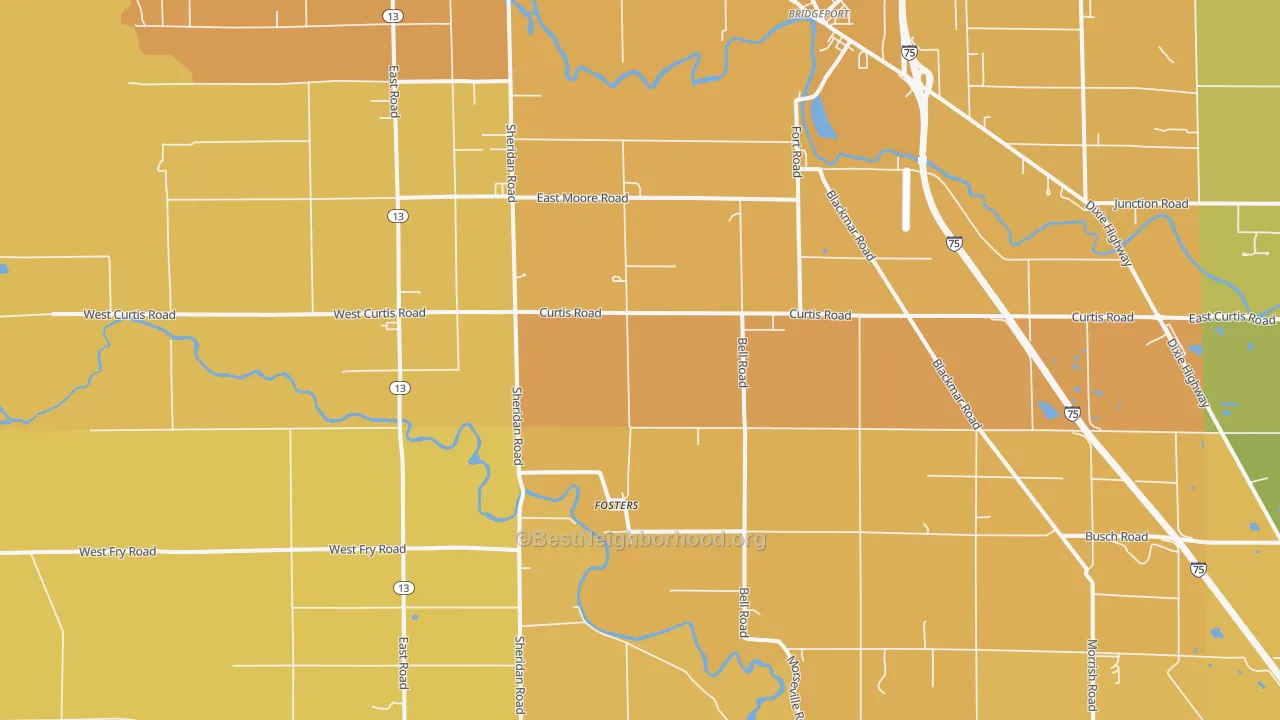 Map of the best neighborhoods in the Fosters area, with better matches in green and worse matches in red