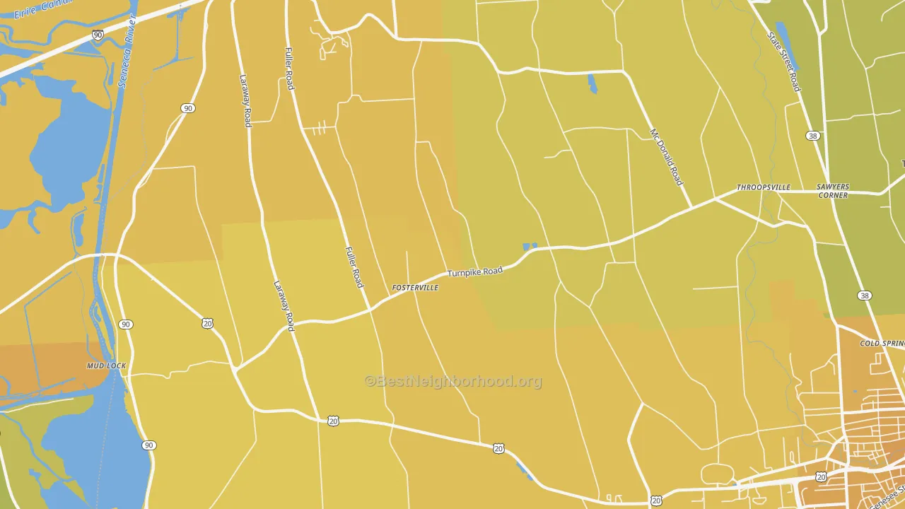 Map of the best neighborhoods in the Fosterville area, with better matches in green and worse matches in red