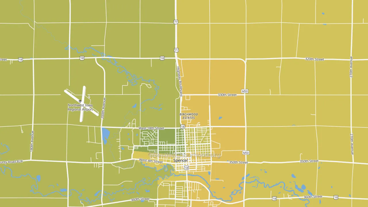 Map of the best neighborhoods in the Fostoria area, with better matches in green and worse matches in red