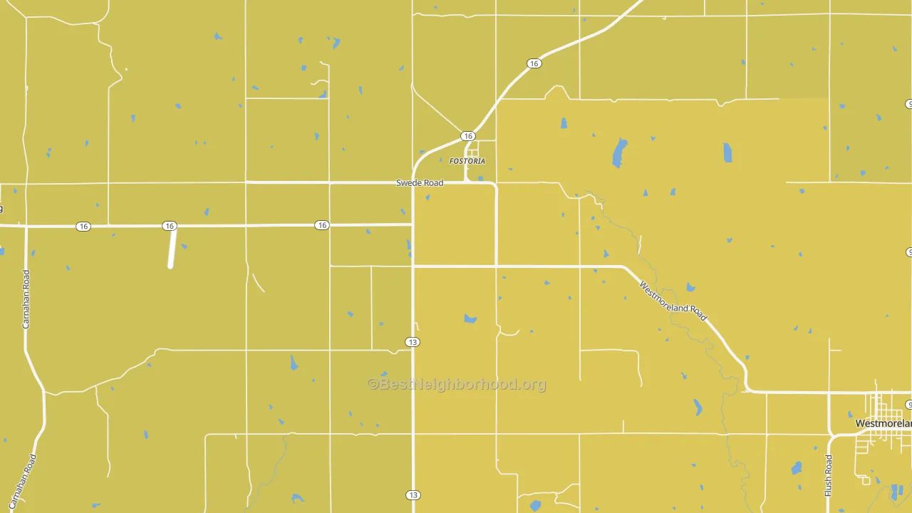Map of the best neighborhoods in the Fostoria area, with better matches in green and worse matches in red