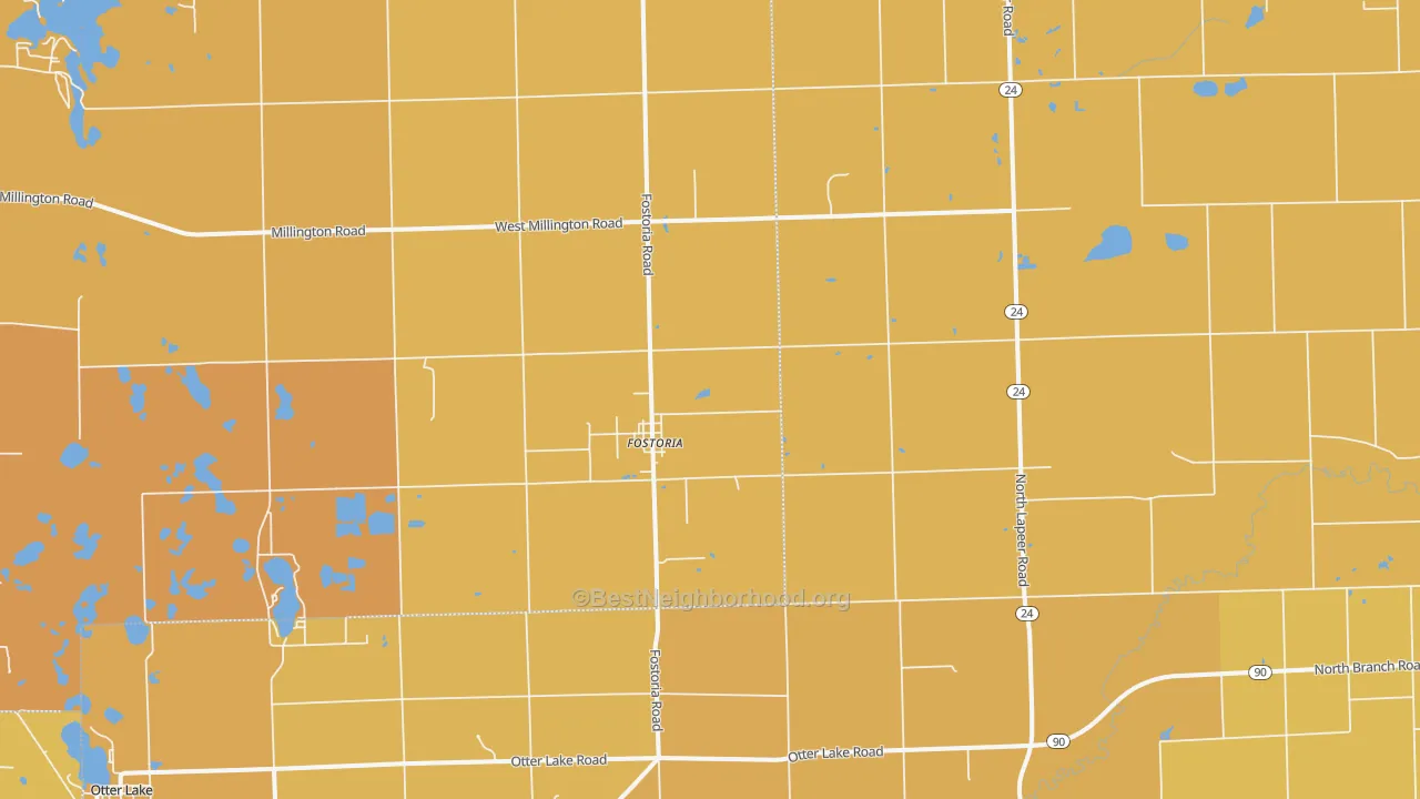 Map of the best neighborhoods in the Fostoria area, with better matches in green and worse matches in red