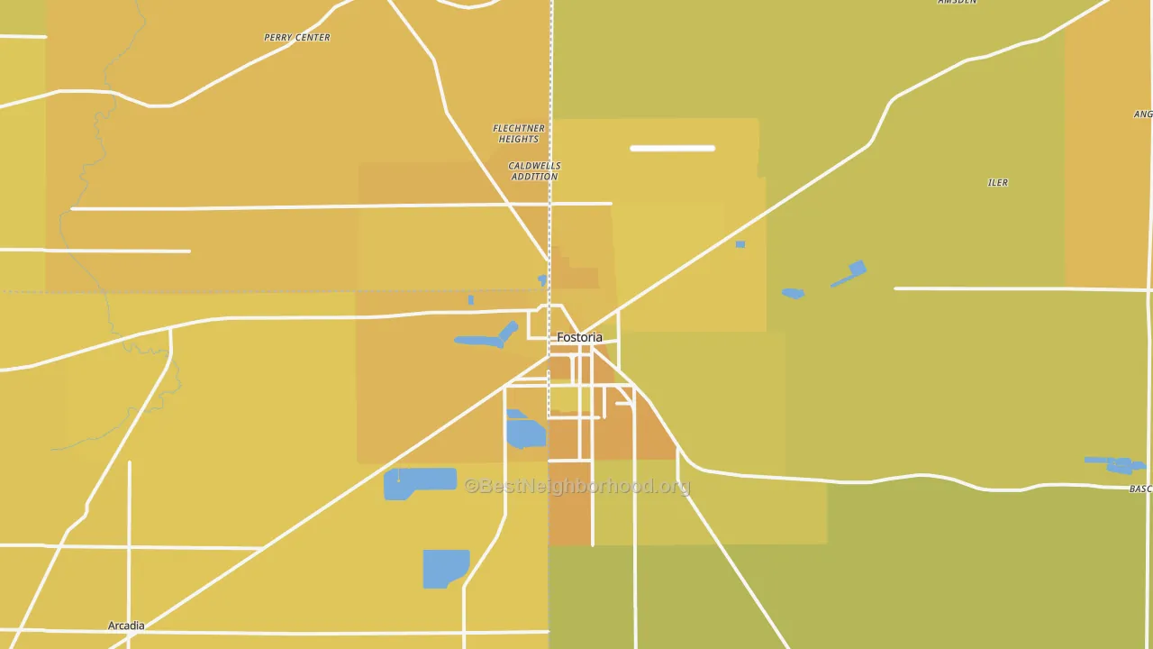 Map of the best neighborhoods in the Fostoria area, with better matches in green and worse matches in red