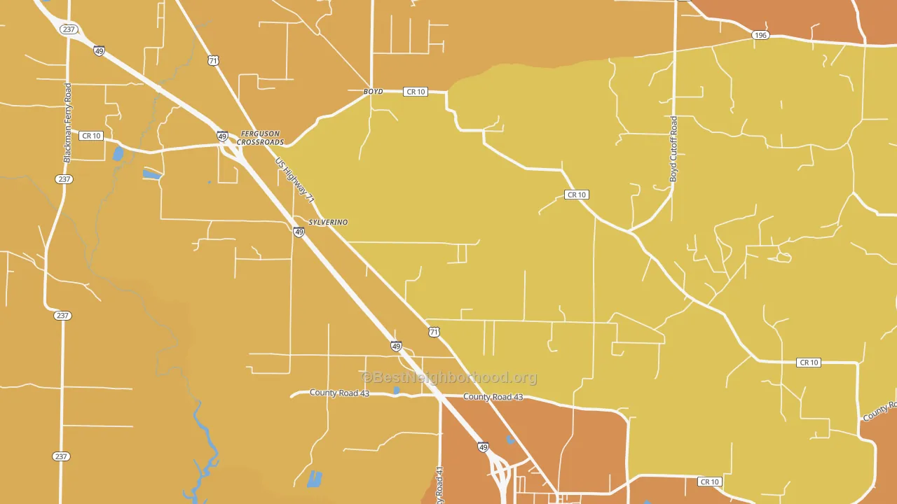 Map of the best neighborhoods in the Fouke area, with better matches in green and worse matches in red