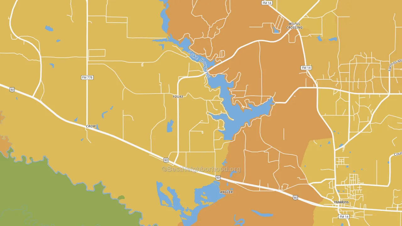 Map of the best neighborhoods in the Fouke area, with better matches in green and worse matches in red