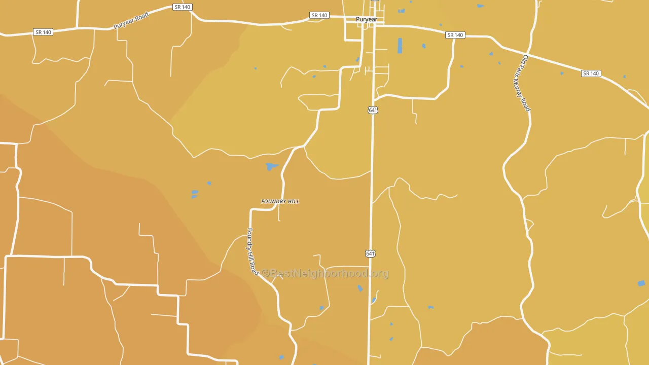 Map of the best neighborhoods in the Foundry Hill area, with better matches in green and worse matches in red