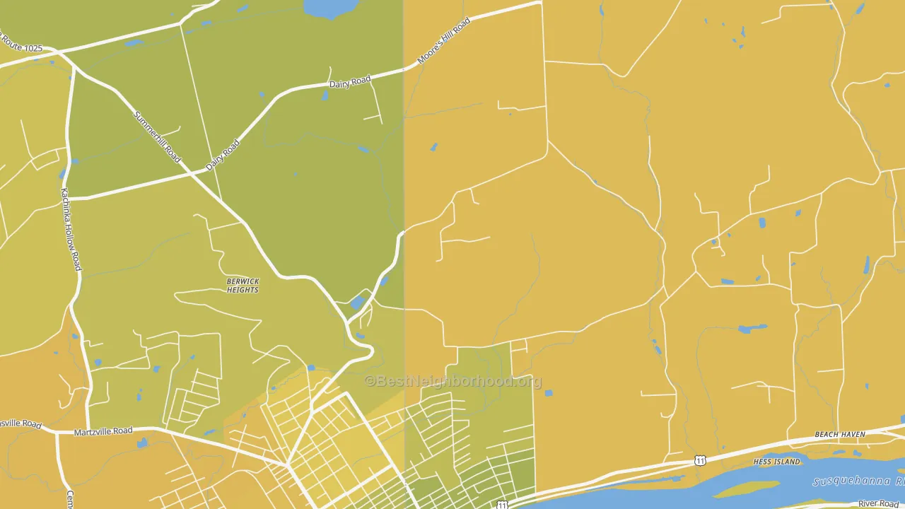 Map of the best neighborhoods in the Foundryville area, with better matches in green and worse matches in red