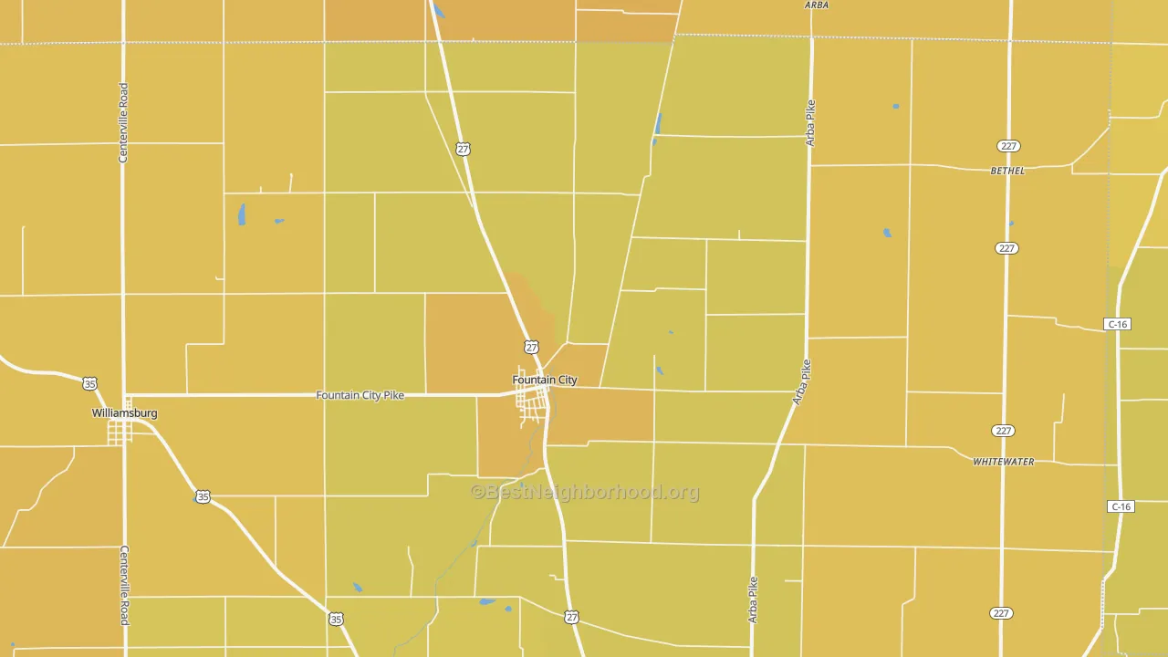 Map of the best neighborhoods in the Fountain City area, with better matches in green and worse matches in red