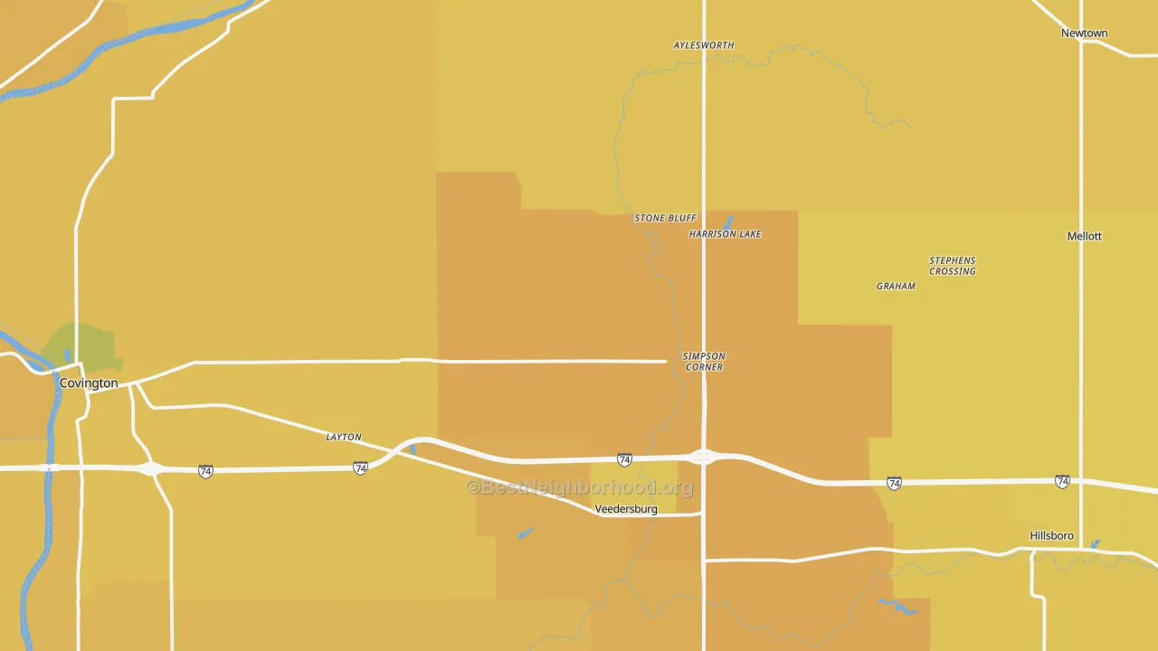 Map of the best neighborhoods in the Fountain County area, with better matches in green and worse matches in red