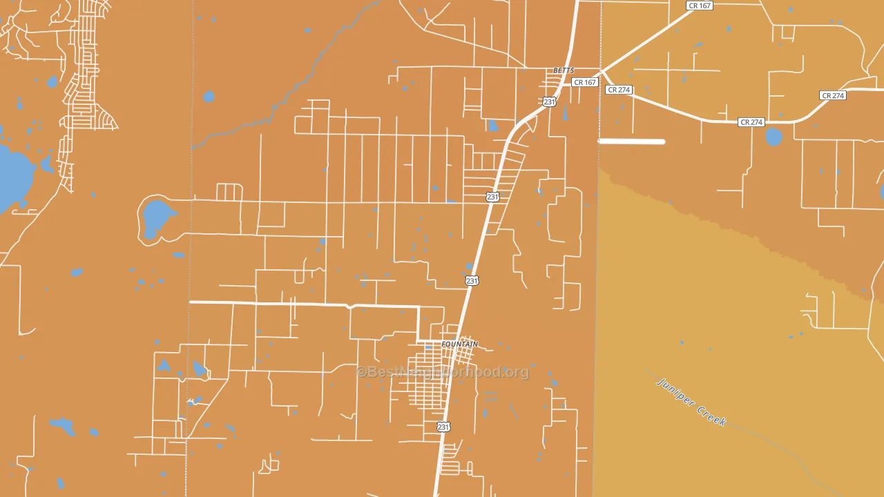 Map of the best neighborhoods in the Fountain area, with better matches in green and worse matches in red