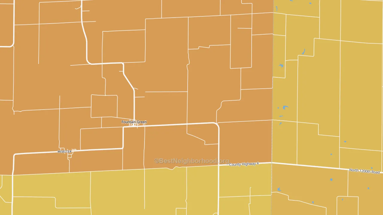 Map of the best neighborhoods in the Fountain Green area, with better matches in green and worse matches in red