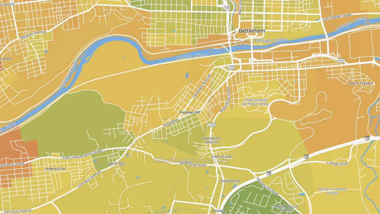 Map of the best neighborhoods in the Fountain Hill area, with better matches in green and worse matches in red