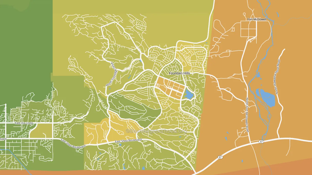 Map of the best neighborhoods in the Fountain Hills area, with better matches in green and worse matches in red
