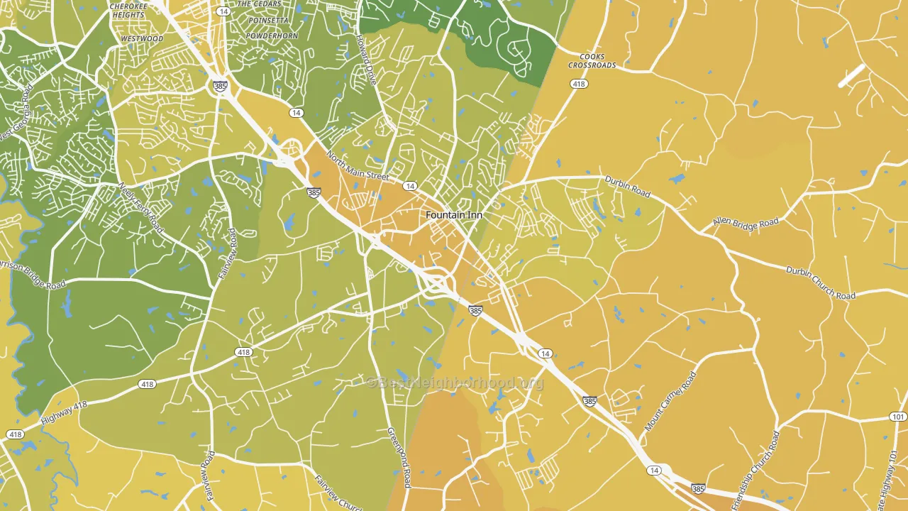 Map of the best neighborhoods in the Fountain Inn area, with better matches in green and worse matches in red