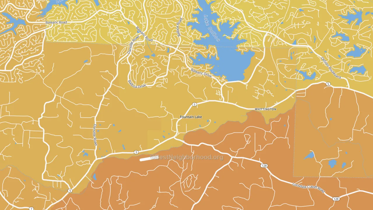 Map of the best neighborhoods in the Fountain Lake area, with better matches in green and worse matches in red