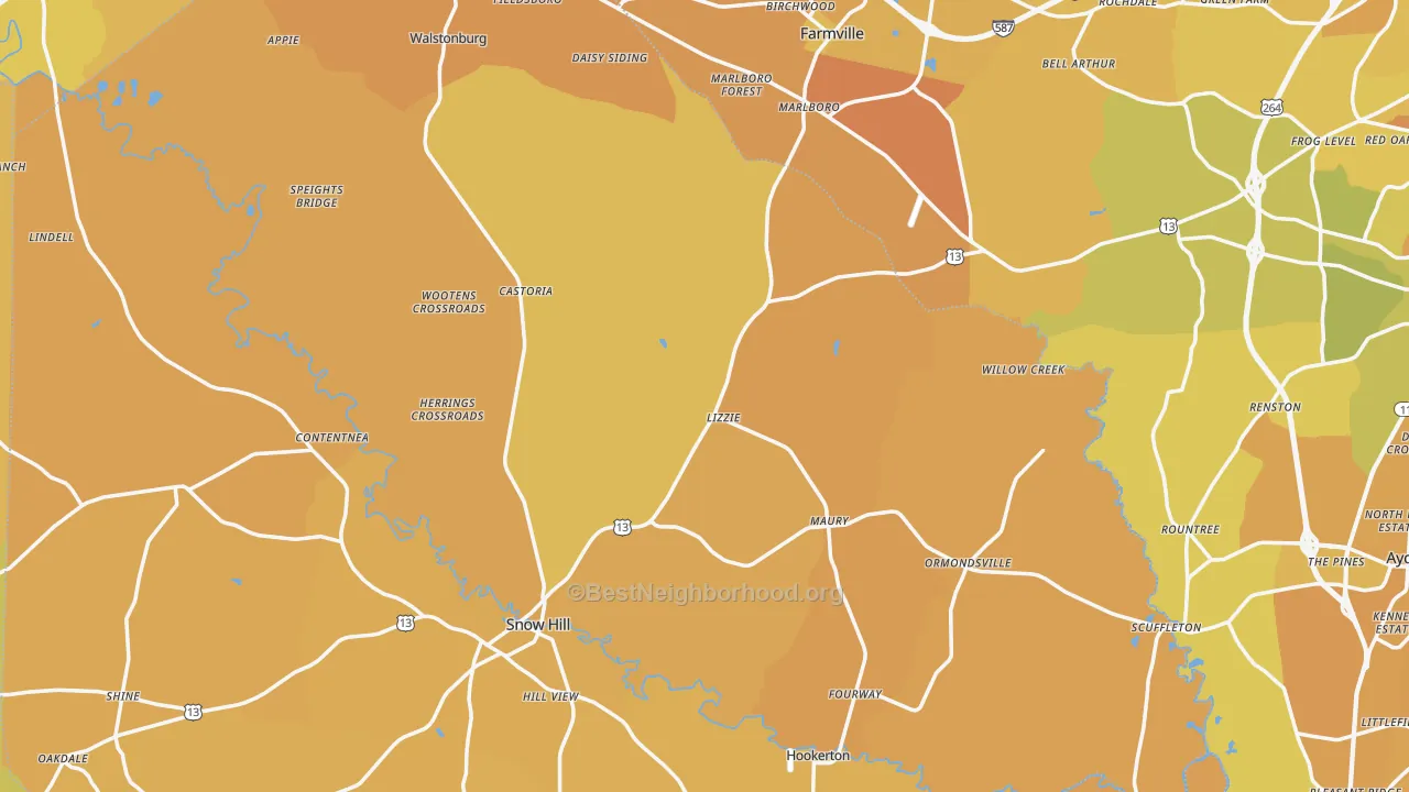 Map of the best neighborhoods in the Fountain area, with better matches in green and worse matches in red