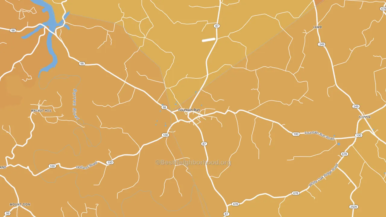 Map of the best neighborhoods in the Fountain Run area, with better matches in green and worse matches in red