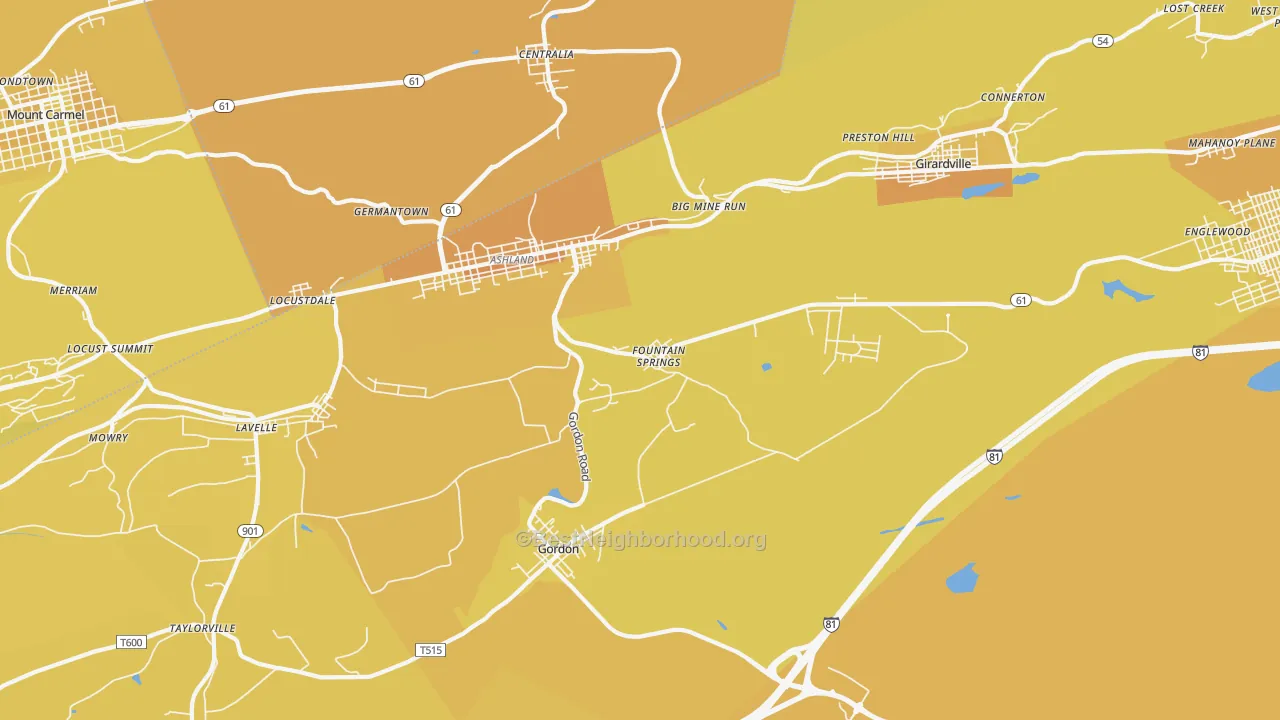 Map of the best neighborhoods in the Fountain Springs area, with better matches in green and worse matches in red