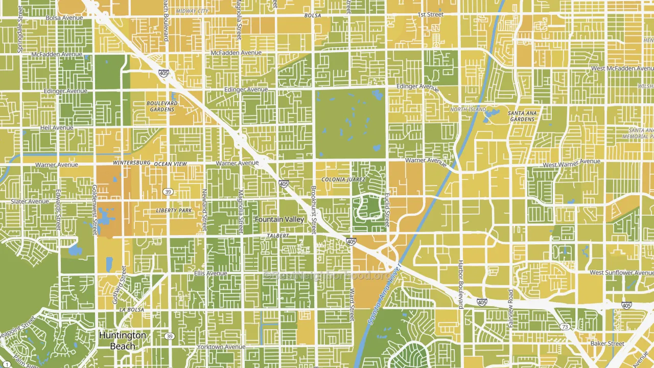 Map of the best neighborhoods in the Fountain Valley area, with better matches in green and worse matches in red