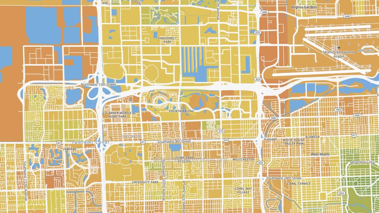 Map of the best neighborhoods in the Fountainebleau area, with better matches in green and worse matches in red