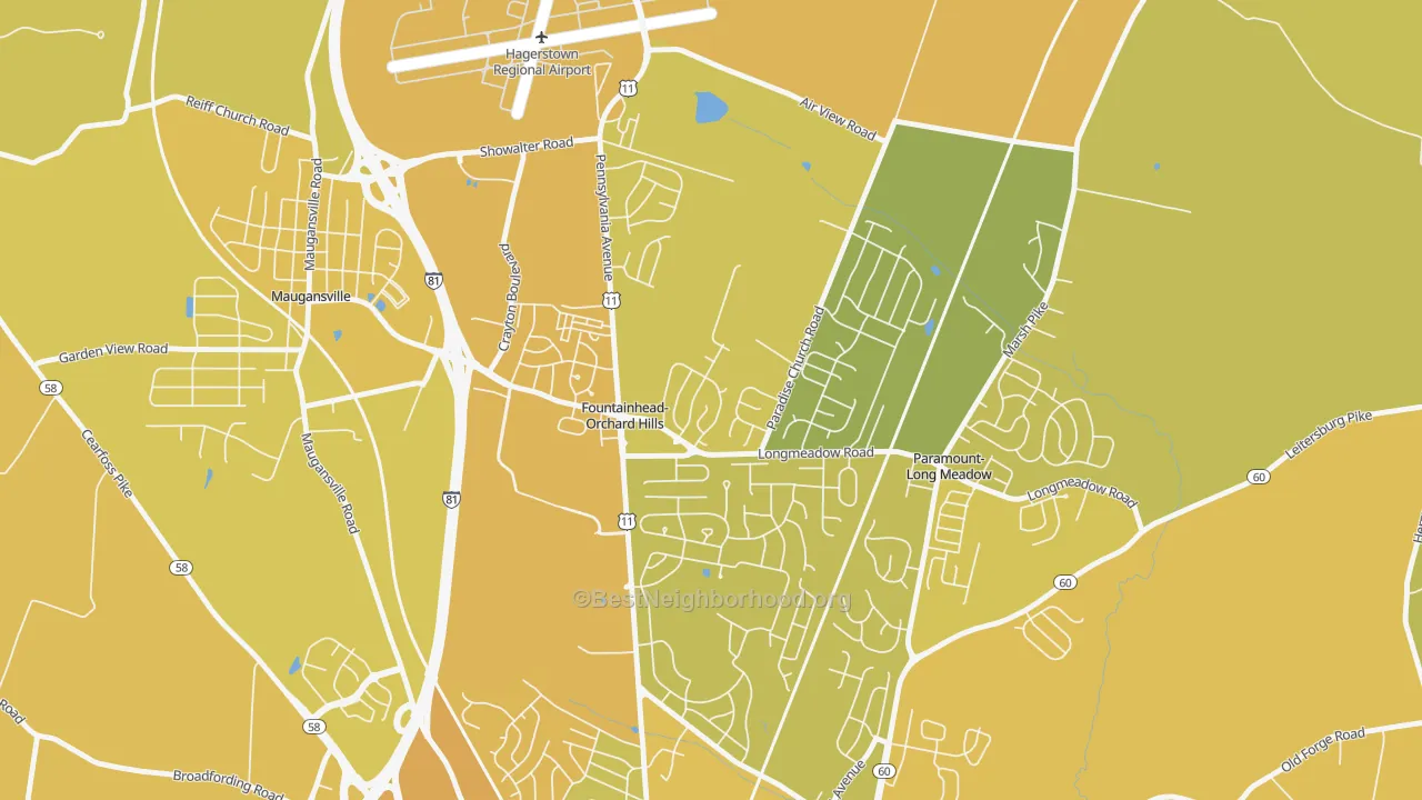 Map of the best neighborhoods in the Fountainhead-Orchard Hills area, with better matches in green and worse matches in red