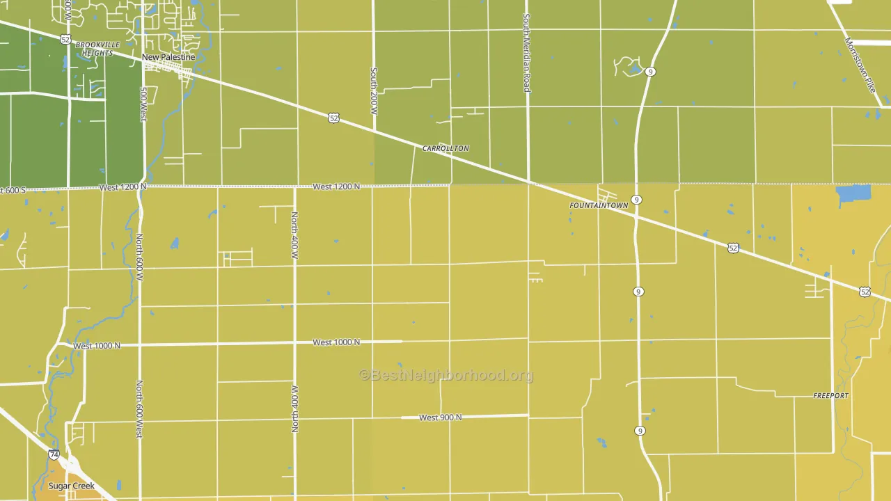 Map of the best neighborhoods in the Fountaintown area, with better matches in green and worse matches in red
