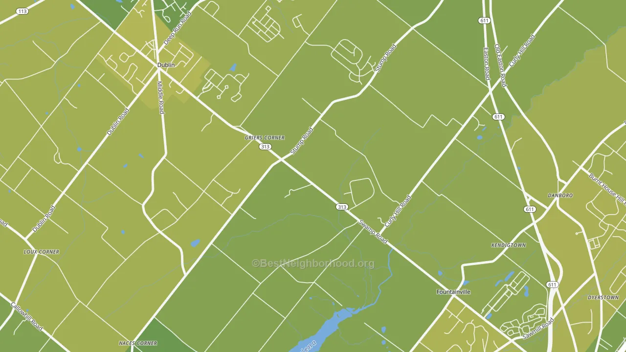 Map of the best neighborhoods in the Fountainville area, with better matches in green and worse matches in red