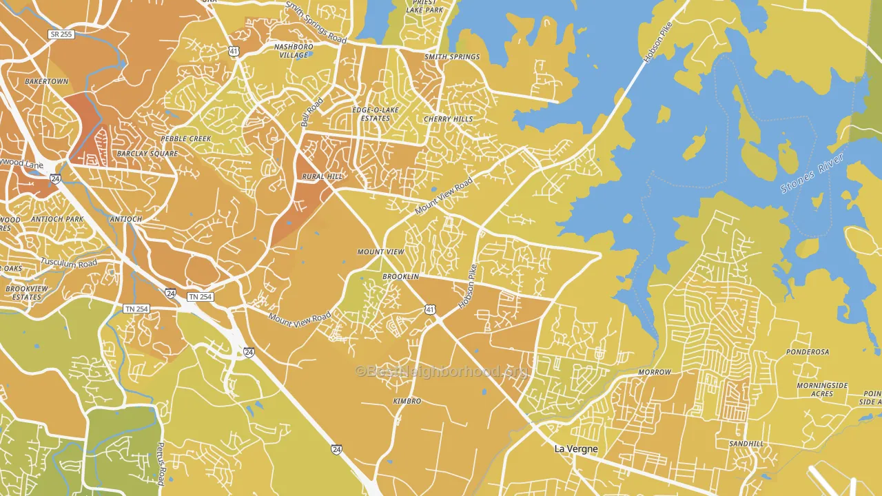 Map of the best neighborhoods in the Four Corners, Antioch area, with better matches in green and worse matches in red