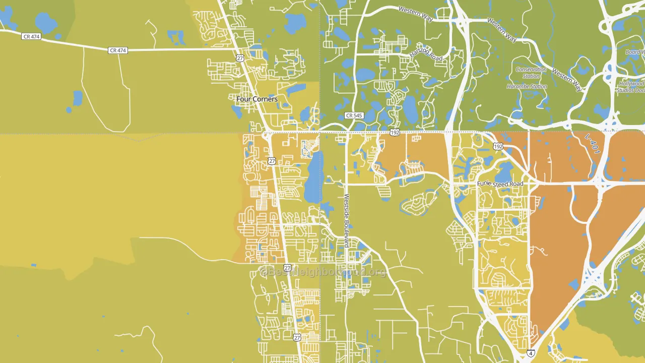 Map of the best neighborhoods in the Four Corners area, with better matches in green and worse matches in red