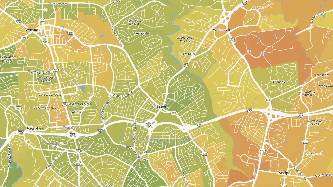 Map of the best neighborhoods in the Four Corners area, with better matches in green and worse matches in red