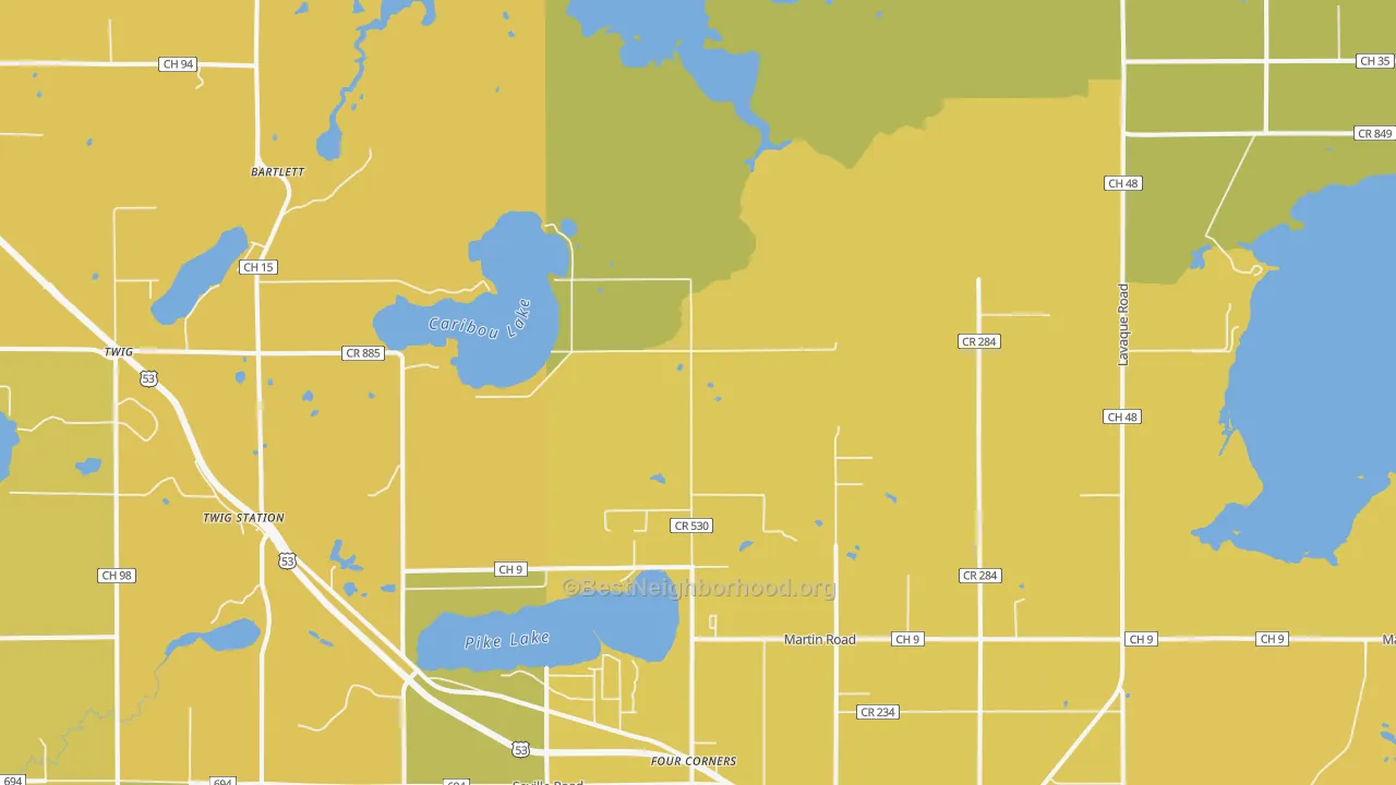 Map of the best neighborhoods in the Four Corners area, with better matches in green and worse matches in red