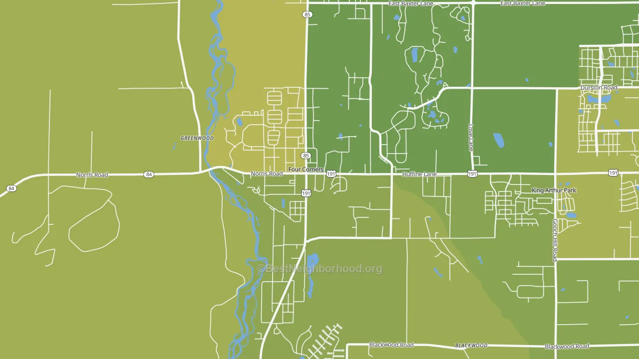 Map of the best neighborhoods in the Four Corners area, with better matches in green and worse matches in red