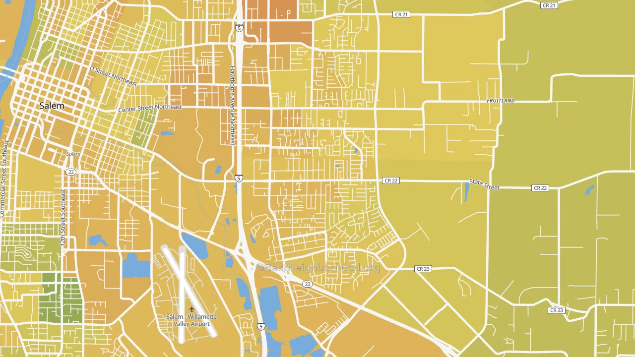 Map of the best neighborhoods in the Four Corners area, with better matches in green and worse matches in red